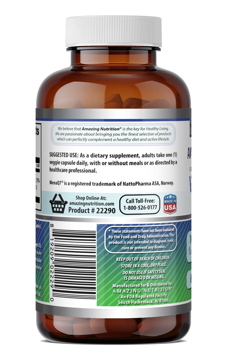 Amazing Nutrition Vitamin K2 Menaq7 MK7 Supplement Capsule 60 Count