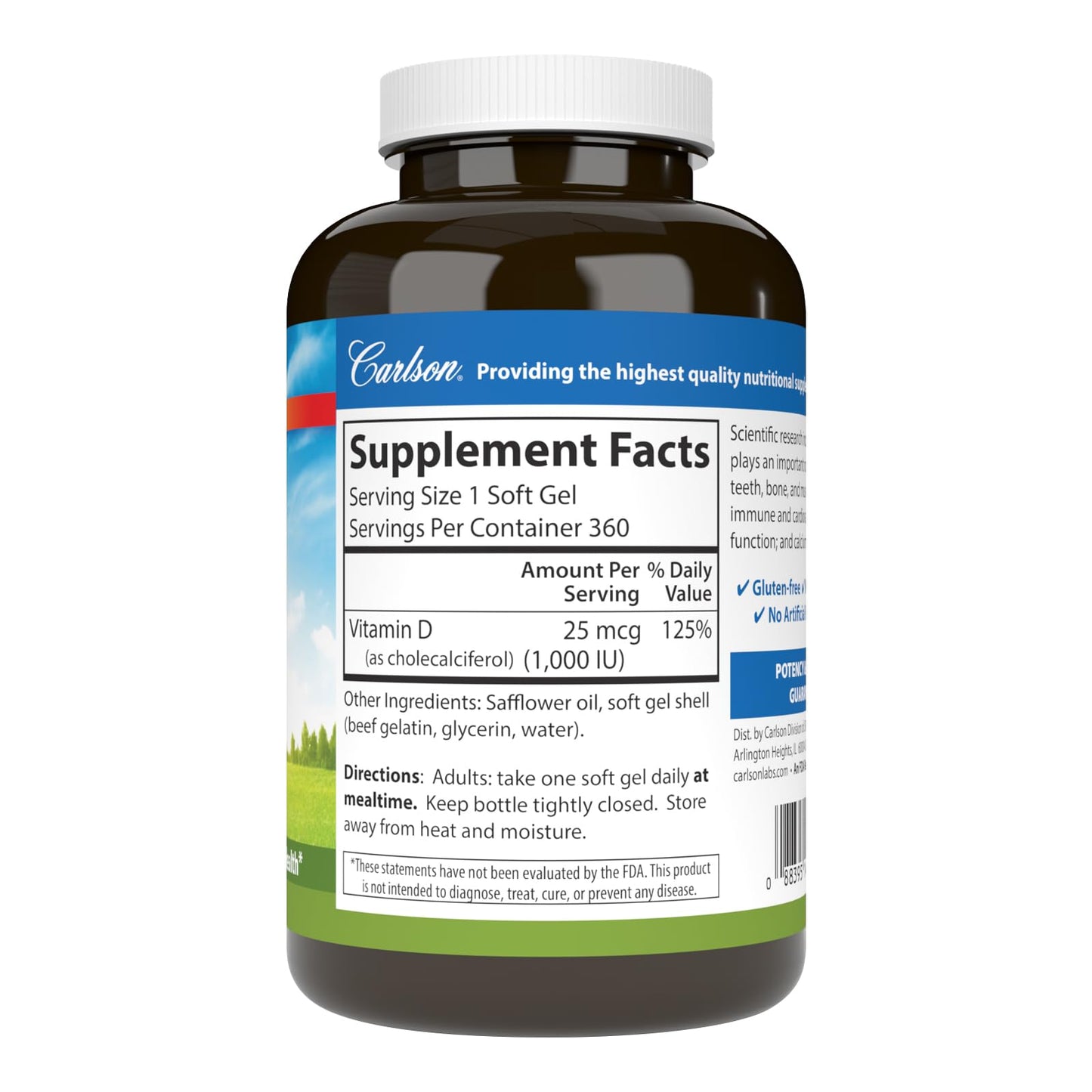 Carlson Vitamin D3 1000 IU (25 mcg) Softgels, 360 Count