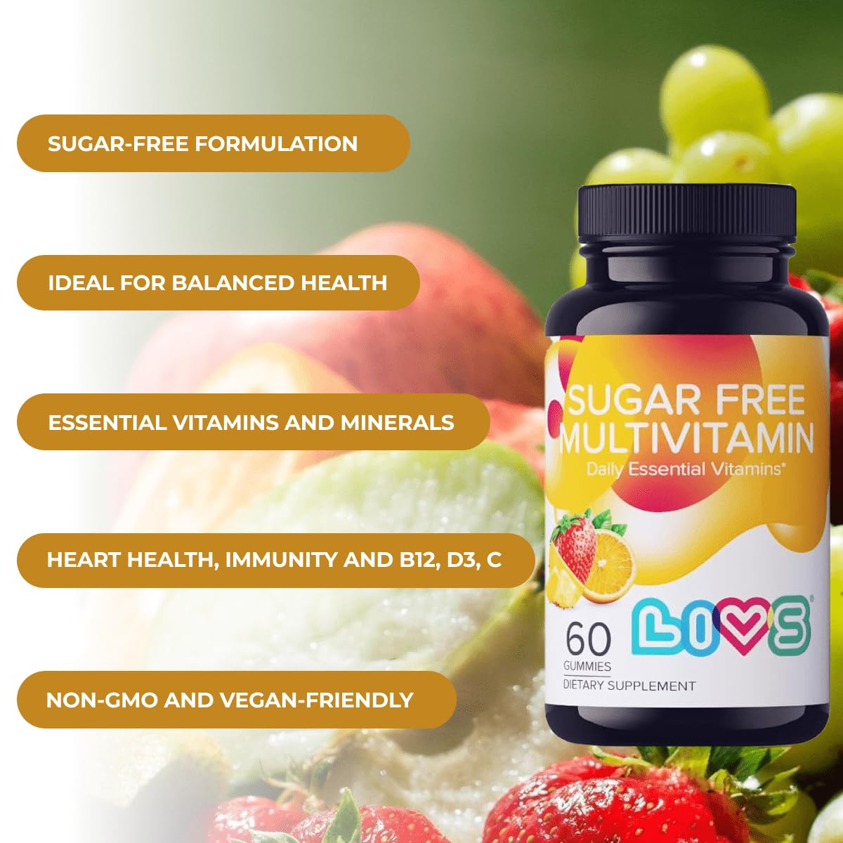 LIVS Sugar Free Multivitamin Gummies – Vegan Gummy Vitamin with A, C, D, B-Complex (B3, B5, B6, B12), Biotin & Zinc, 1 Count