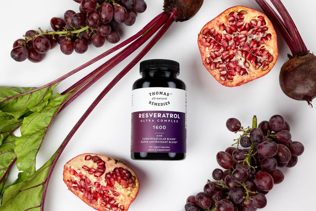 Thomas' all-natural Remedies Resveratrol 1600mg Organic Trans-Resveratrol Antioxidant Supplement with Organic Grape Seed Extract and Quercetin, Anti-Aging and Cardiovascular Support, 120 Capsules