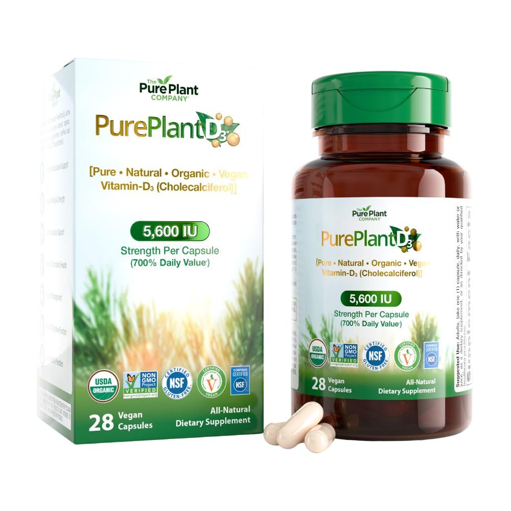 The Pure Plant Company PurePlantD3 Vegan Vitamin D3 5600 IU Organic Plant-Based Capsules, 28 Count