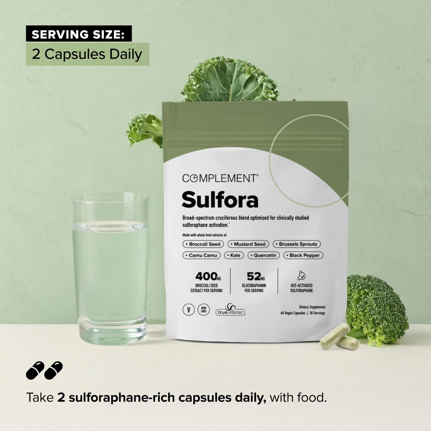 Complement Sulfora Sulforaphane Supplement with Myrosinase - 52mg Glucoraphanin from Broccoli Seeds, Kale & Quercetin - Antioxidant Detox & Immune Support, 60 Capsules