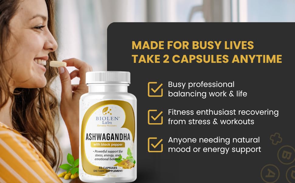 Biolen Labs Elevated Wellness Ashwagandha Extra Strength with Black Pepper 1300mg Capsules, 60 Count