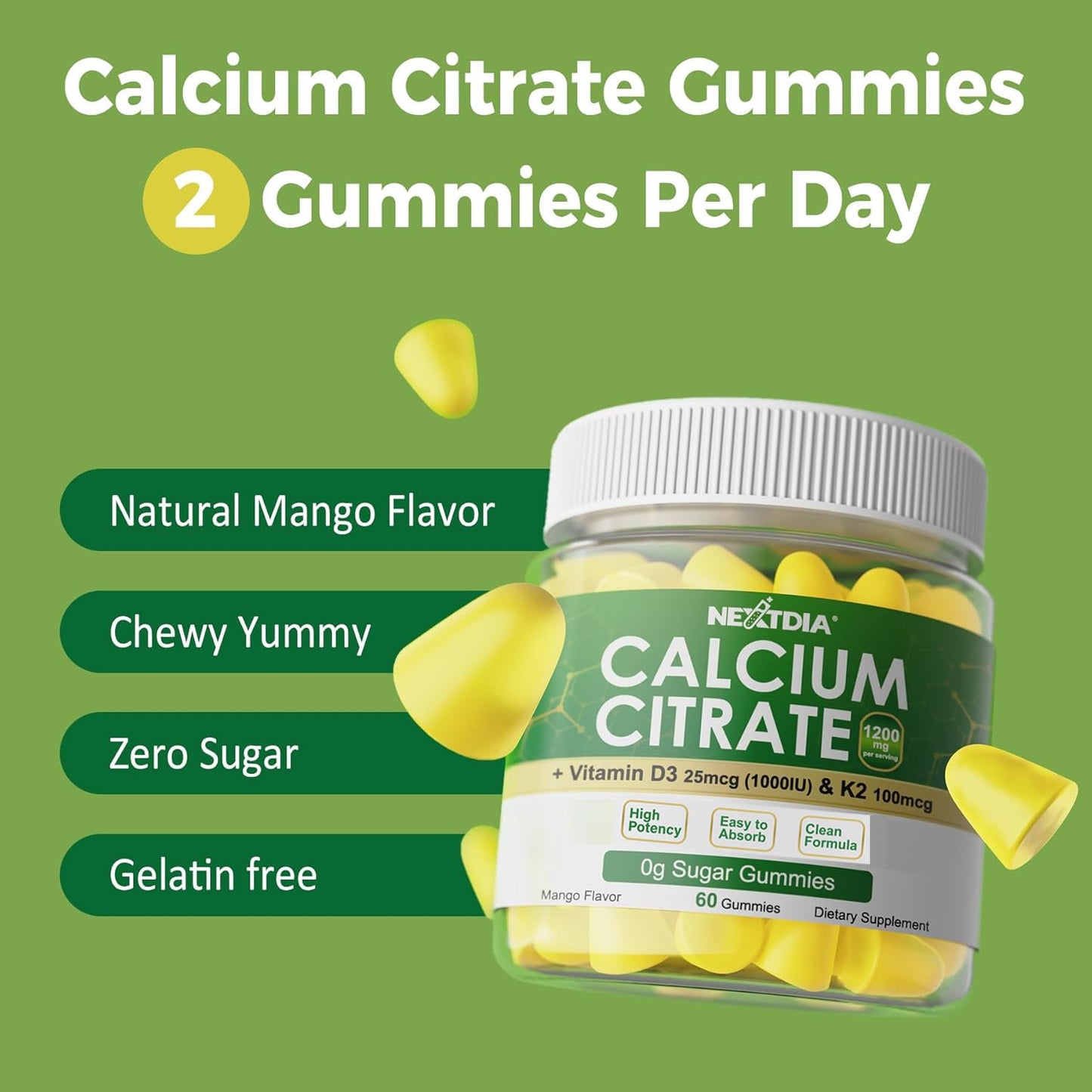 Nextdia Calcium Citrate Gummies 1200mg with Vitamin D3 K2, Mango Flavor, 120 Gummies