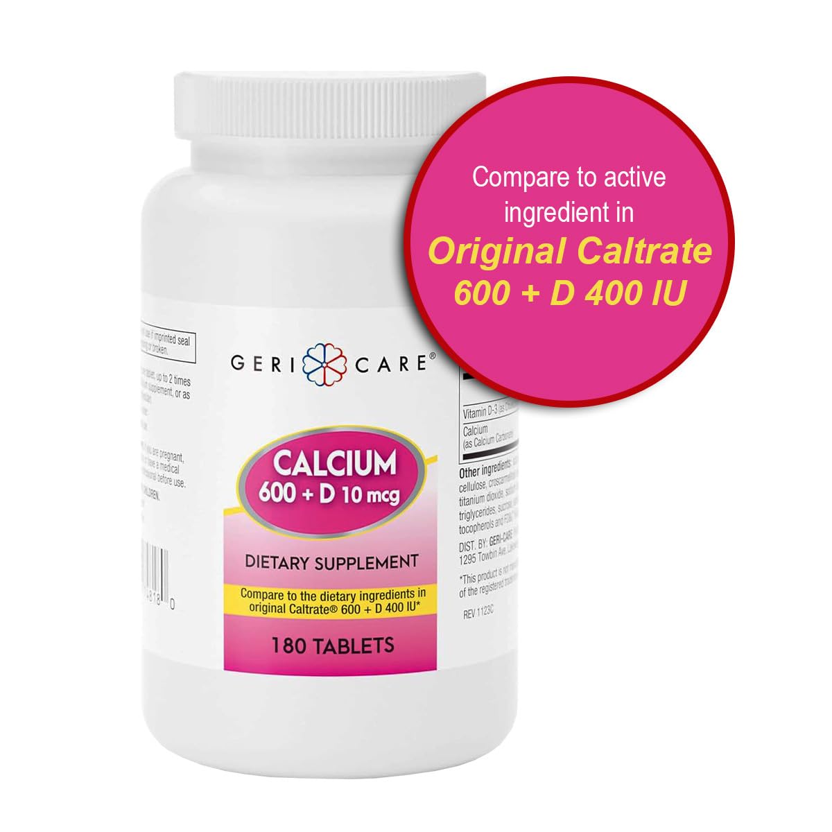 GeriCare Calcium 600mg Vitamin D 10mcg Tablets, 180 Count