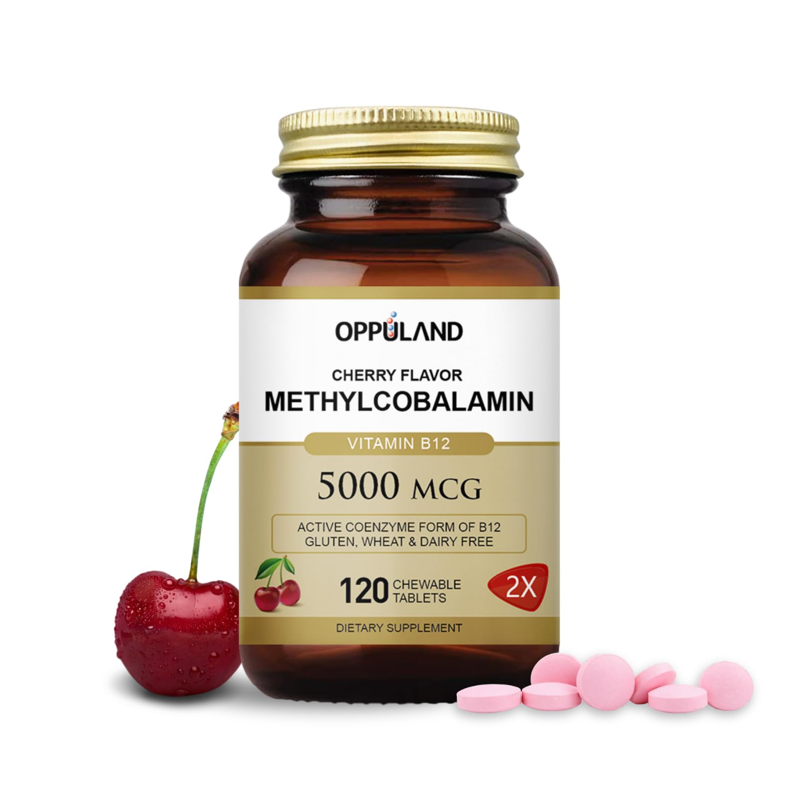 oppuland Methyl B-12 5000mcg Chewable with Folate - Vitamin B12 Methylcobalamin Tablets, 120 Count