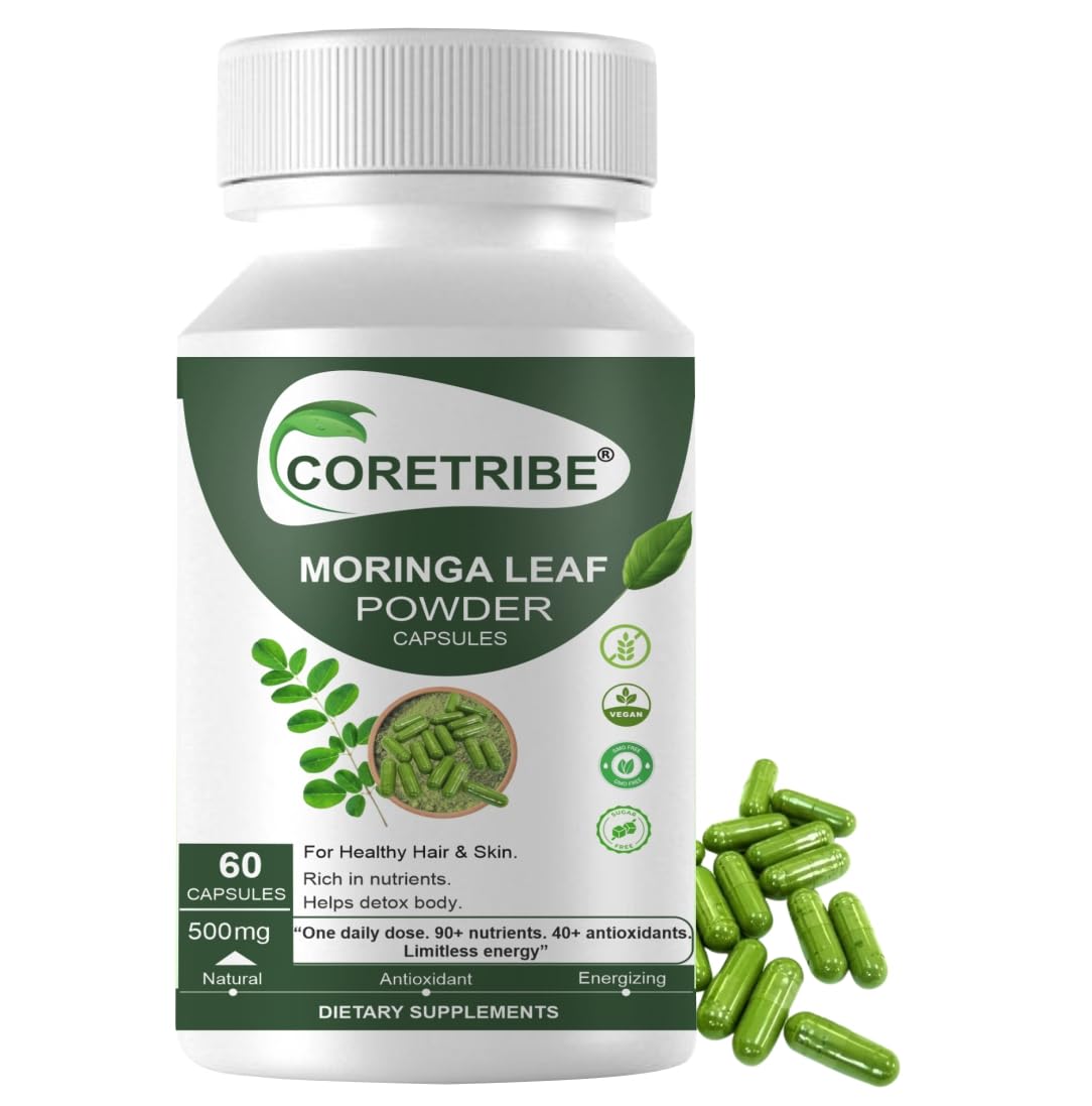 Coretribe Moringa Capsules Daily Greens Superfood for Energy, Satiety, Skin, Hair & Nail Support - Plant-Based, Vegetarian, Vegan Friendly, 1 Pack
