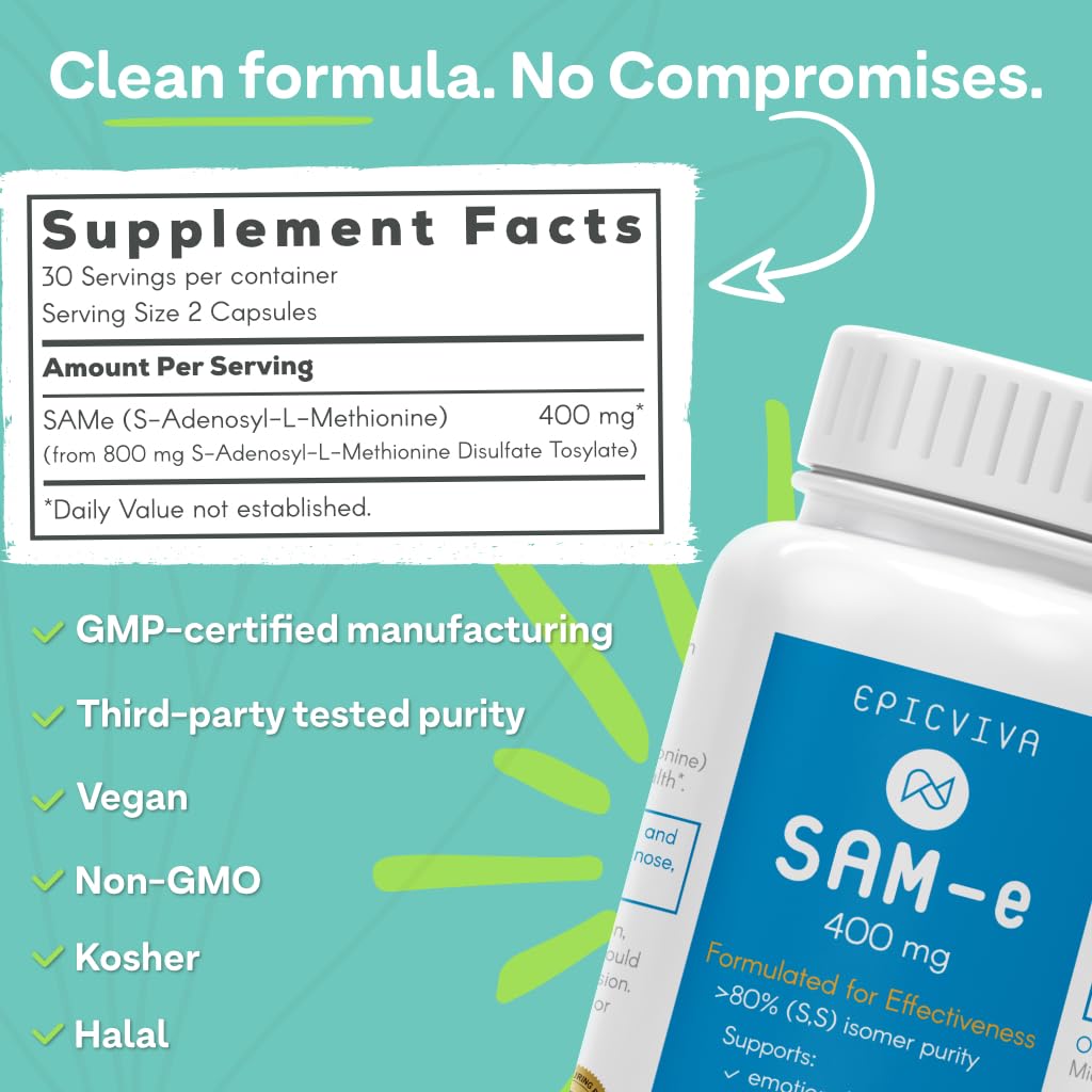 EPICVIVA SAMe 400 mg Capsule, >80% Active S,S Form, Supports Mood, Joints & Liver, 60 Count