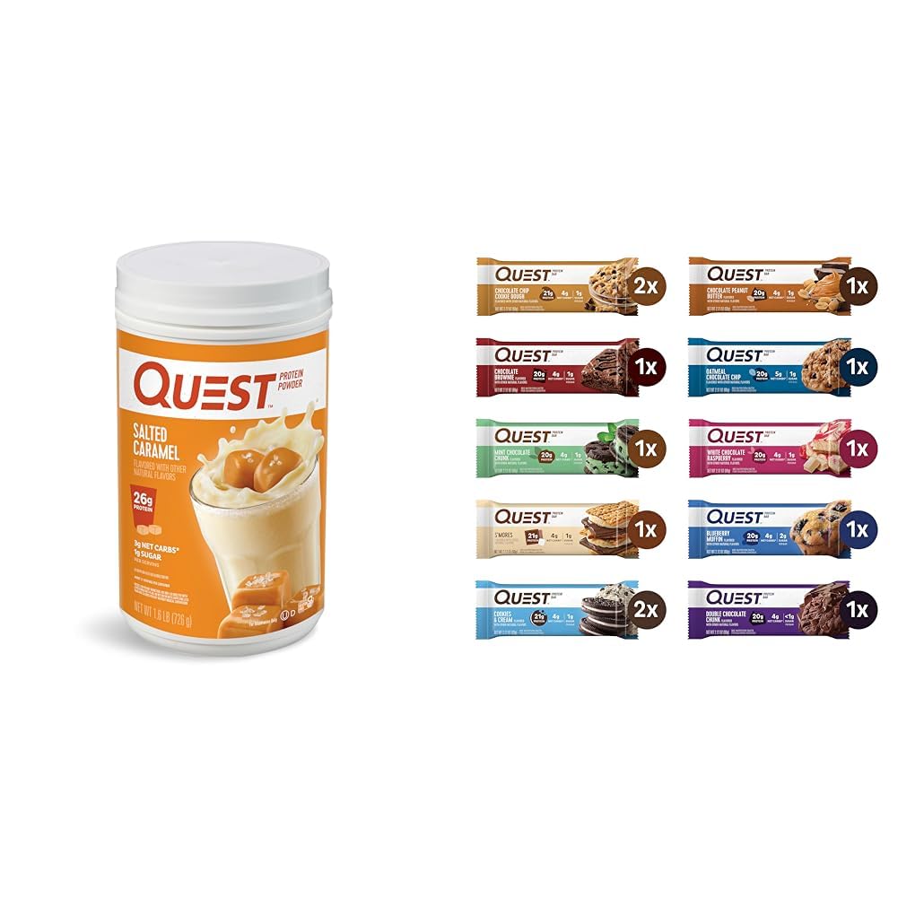 Quest Nutrition Protein Powder & Bars Bundle Salted Caramel Powder 26g Protein 1g Sugar, 12 Bar Variety Pack 20-21g Protein