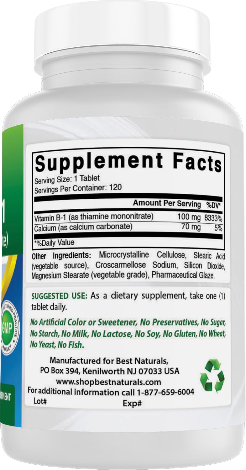 Best Naturals Vitamin B1 Thiamine Mononitrate 100 mg Tablets, 120 Count