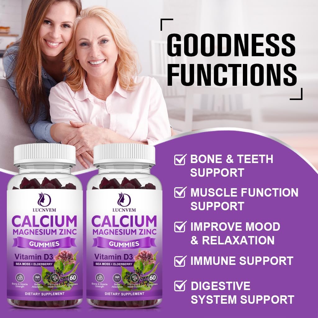 LUCNVEM Sugar Free Calcium Magnesium Zinc Gummies with Elderberry and Sea Moss, 2:1 Calcium:Magnesium, Magnesium Glycinate, Potassium & Vitamin D3, 60 Gummies
