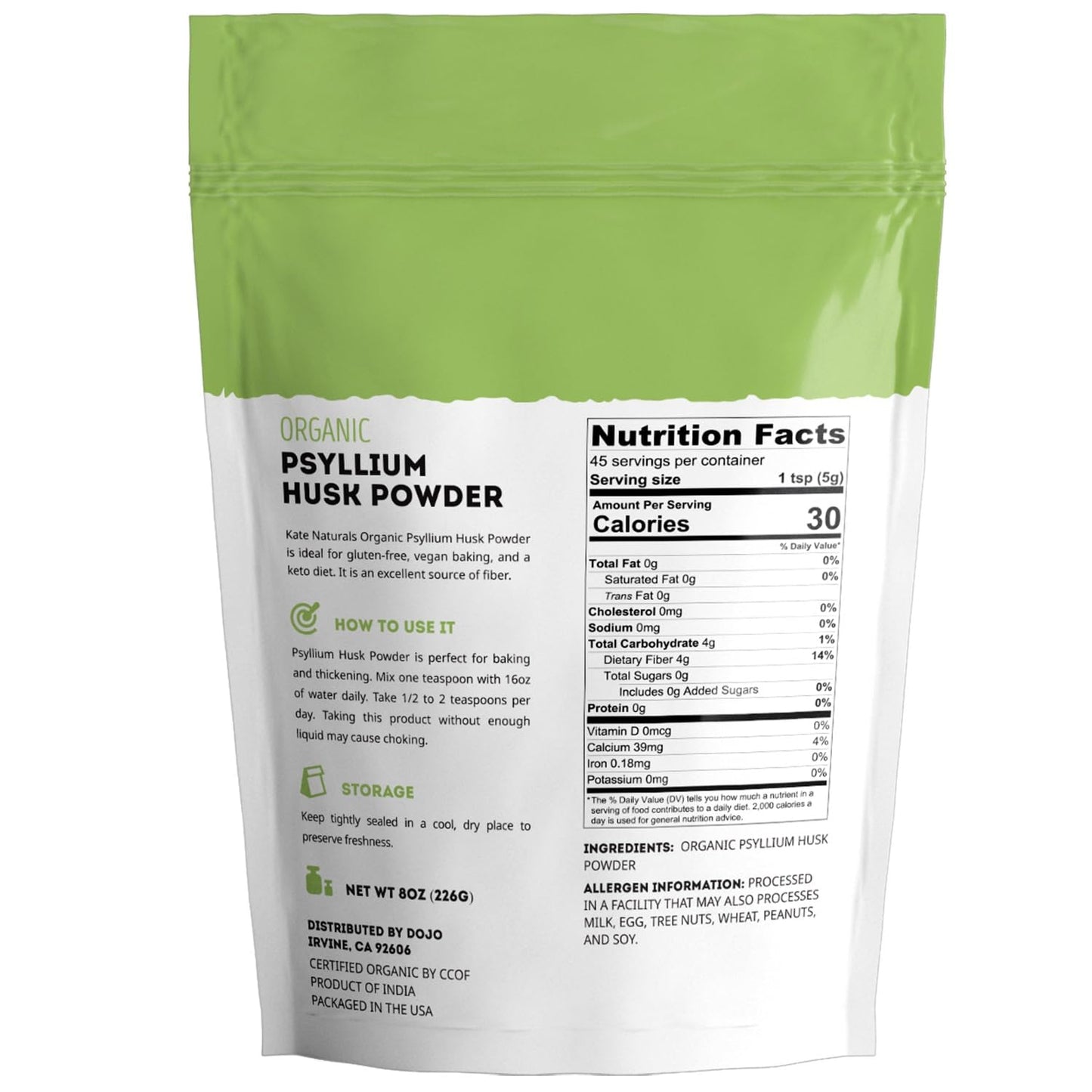 Kate Naturals Psyllium Husk Powder for Fiber and Baking Bread Powder 8 oz