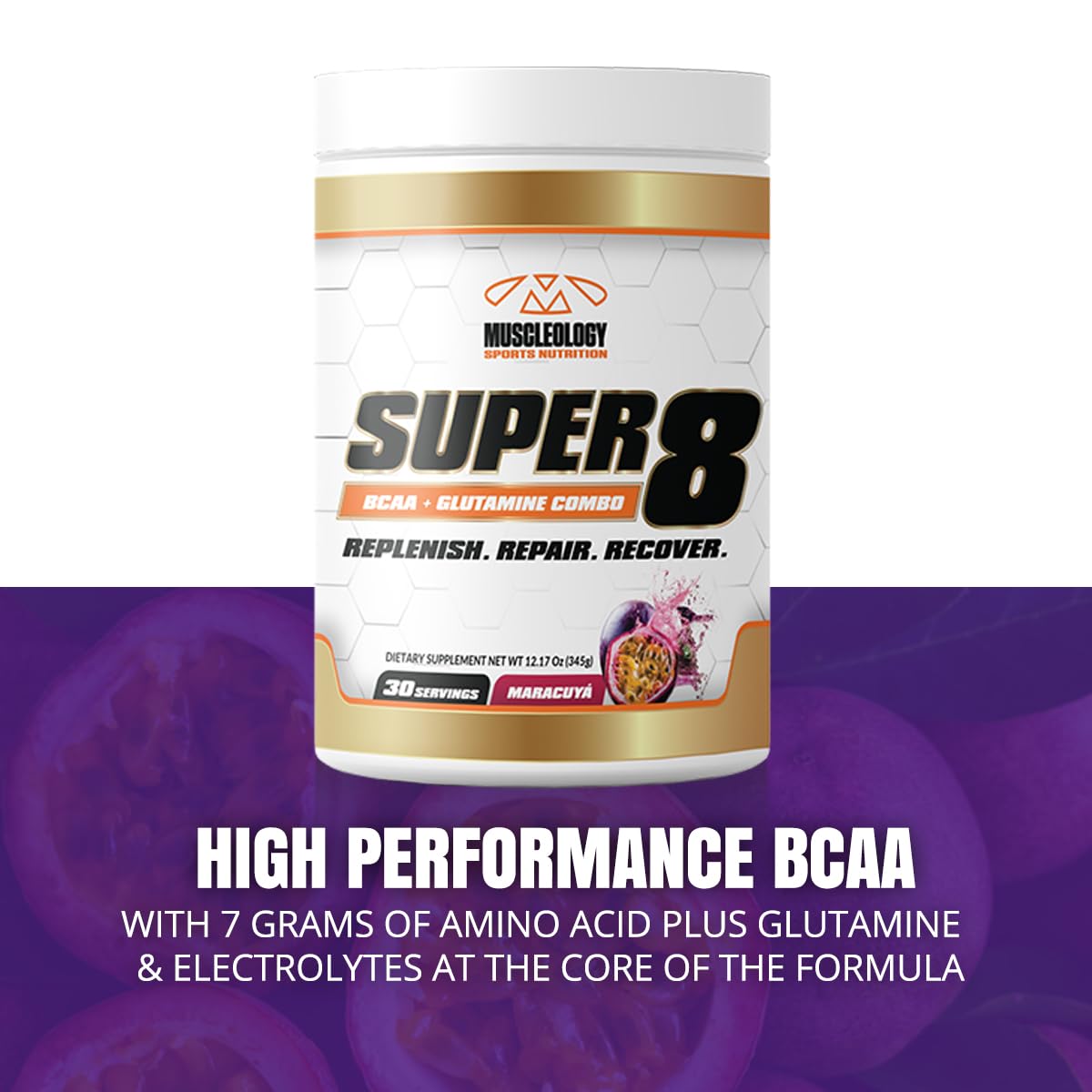 MUSCLEOLOGY Super 8 High Performance BCAA, Electrolyte & Glutamine Blend Formula - Post-Workout Recovery and Muscle Building Supplement, Powder, 1.0582
