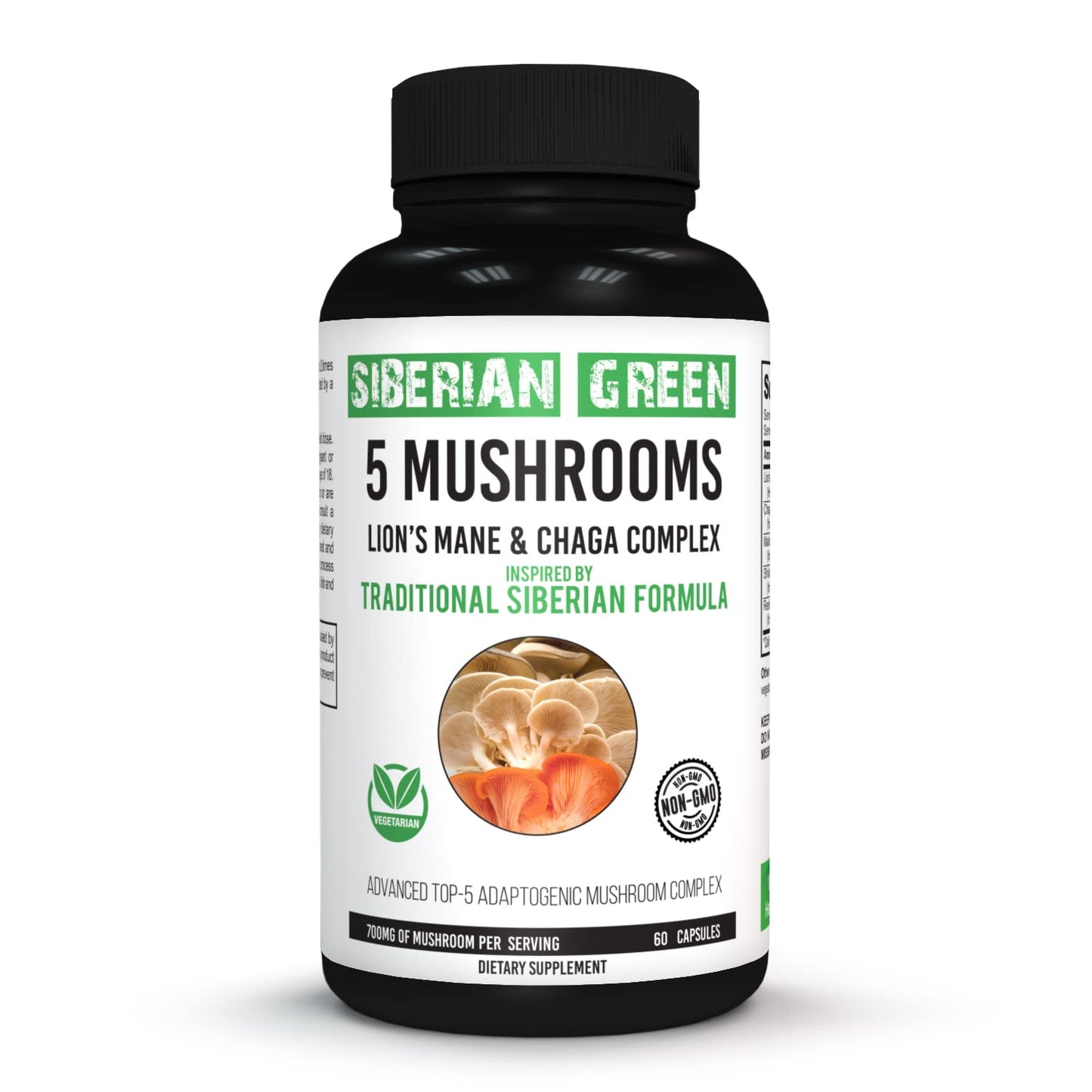 Siberian Green 5 Mushrooms Lions Mane Chaga Shiitake Maitake Reishi Capsules, 60 Count