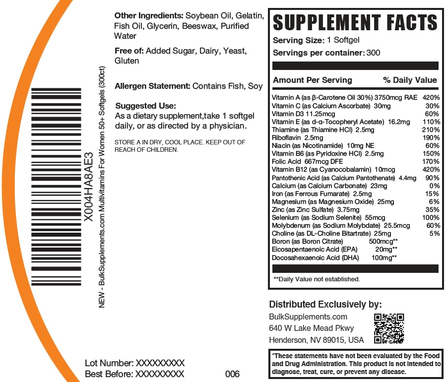 BulkSupplements Multivitamin for Women 50 Plus Softgel 300 Count