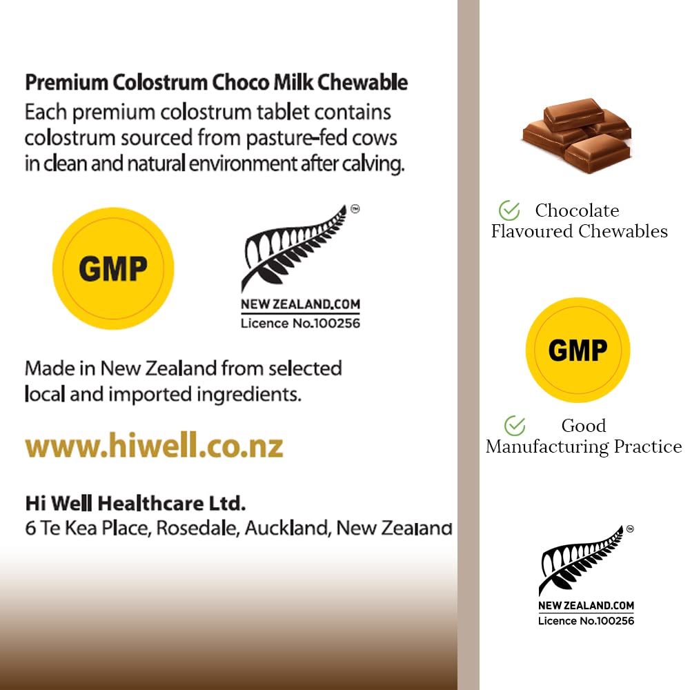 Hi Well Pure & Natural New Zealand Grass-Fed Colostrum Choco Milk Tablets, 150