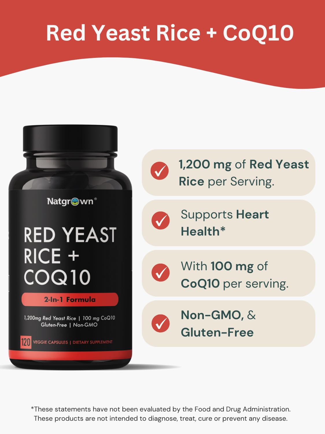 Natgrown Red Yeast Rice with CoQ10-1200 mg & CoQ10 100 mg, 120 Capsules