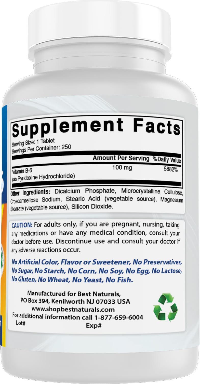 Best Naturals Vitamin B6 Tablet, 100 mg, 250 Tablets