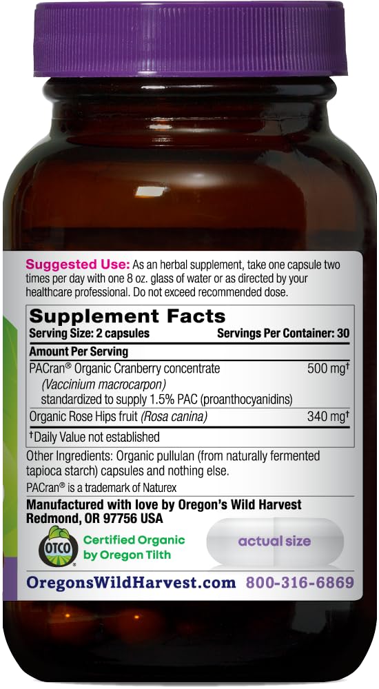 Oregon's Wild Harvest Cranberry Organic Non-GMO Supplement Urinary Tract Support, 60 Capsules