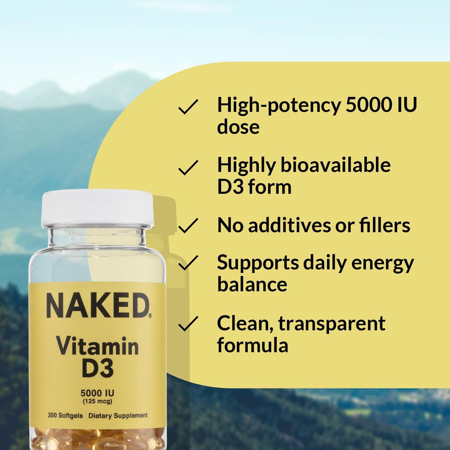 NAKED Vitamin D3 5000 IU Softgels, 200 Count