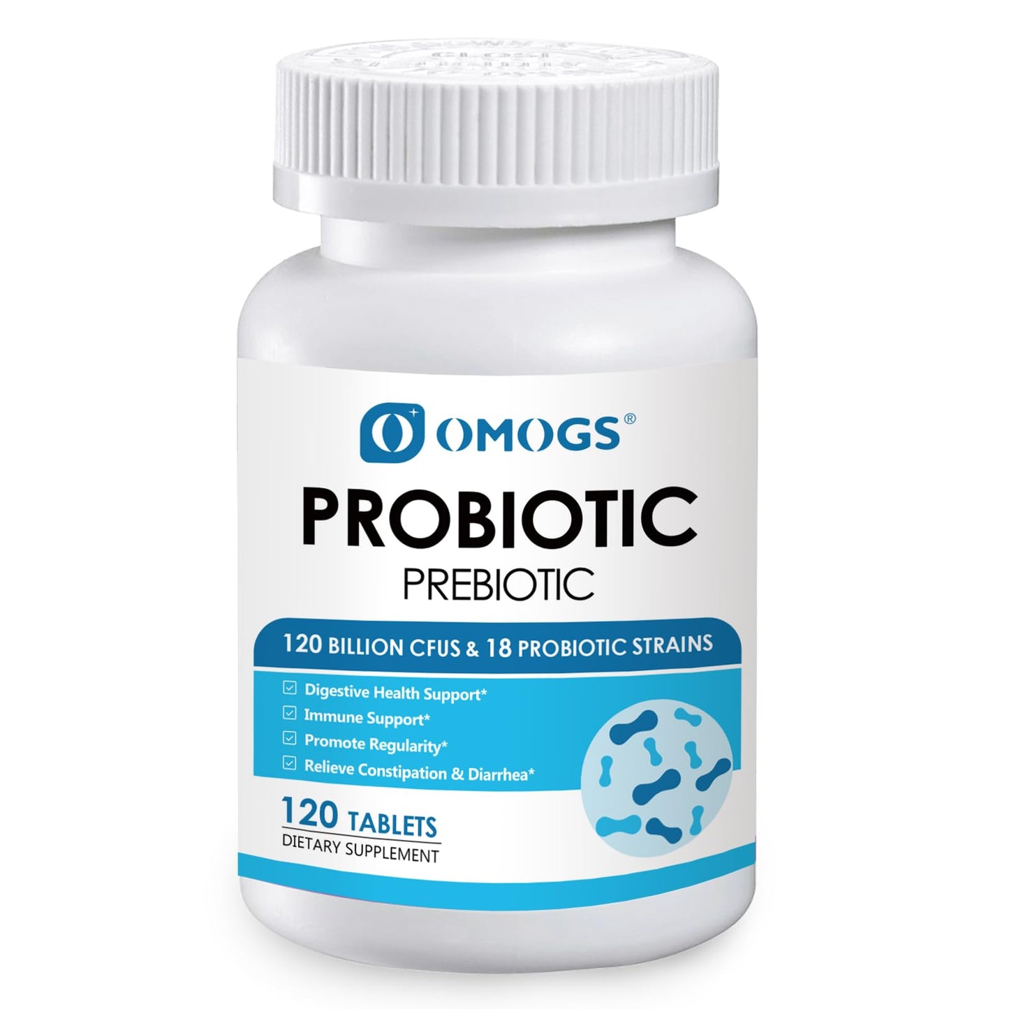 OMOGS Probiotics 120 Billion CFUs, 18 Strains, with 3 Organic Prebiotics & Vitamin C, Nutritional Supplement for Women, Men & Kids, Supports Metabolism, Immunity & Digestive Health, Non-GMO, 120 Tablets