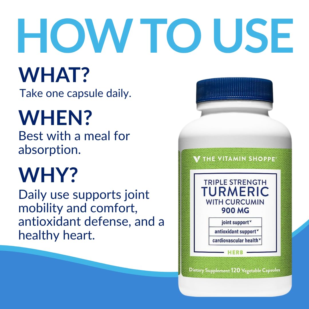 The Vitamin Shoppe Triple Strength Turmeric Supplement with Curcumin 900mg & BioPerine, Black Pepper Extract for Joint Mobility & Antioxidant Support, Vegetarian Capsules, 120 Capsules