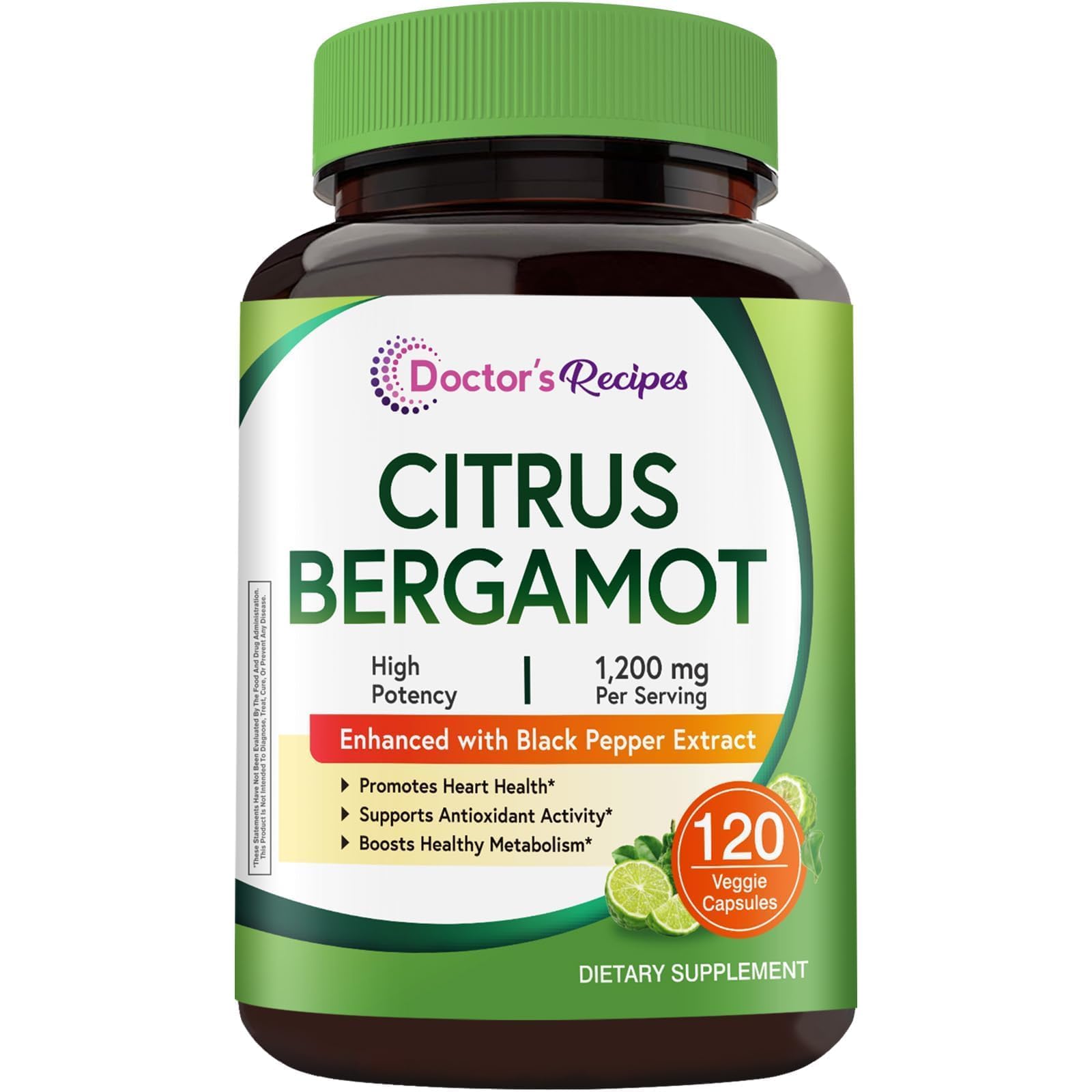 Doctor's Recipes Citrus Bergamot Capsule 1200mg, Pure Bergamot Extract, Rich in Polyphenolic Flavanones, with Black Pepper Extract, Natural Heart Health Supplement for Women and Men, Vegan, 120 Count