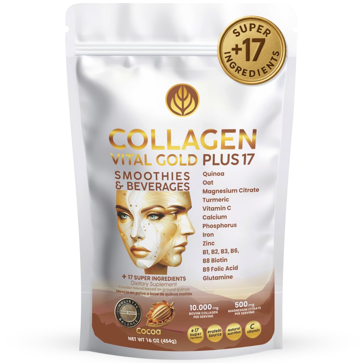 Gold Vital Life Collagen Peptides Powder - Hydrolyzed Collagen with +17 Super Ingredients, 1 lb Cocoa Flavor, Supplement for Healthy Hair, Skin, Nails, Bones, Joints, Collagen for Women & Men, 16 Servings