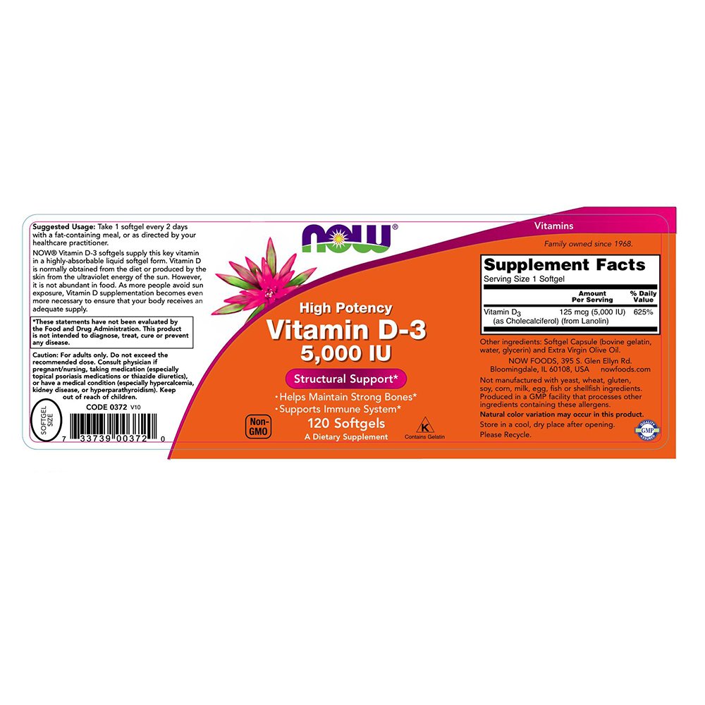 NOW Foods Vitamin D-3 5,000 IU Softgels, 120 Softgels