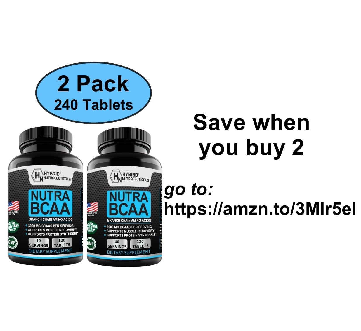Hybrid Nutraceuticals Nutra BCAA 3000mg Branched Chain Amino Acids Supplements - Sugar Free Pre Workout, Non-GMO, Vegan, 120 Tablets