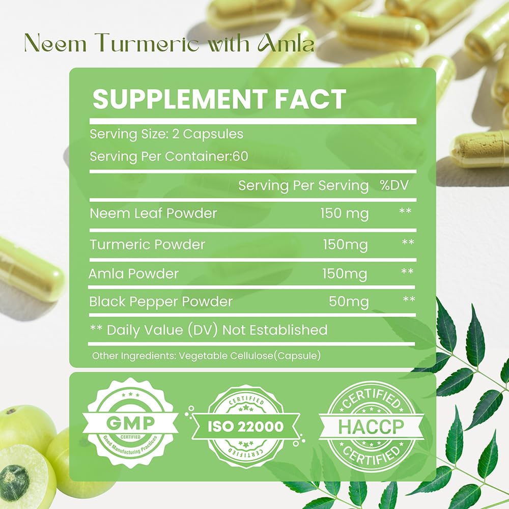 Hebhac Herbs Neem Turmeric Capsules with Amla and Black Pepper 120 Capsules