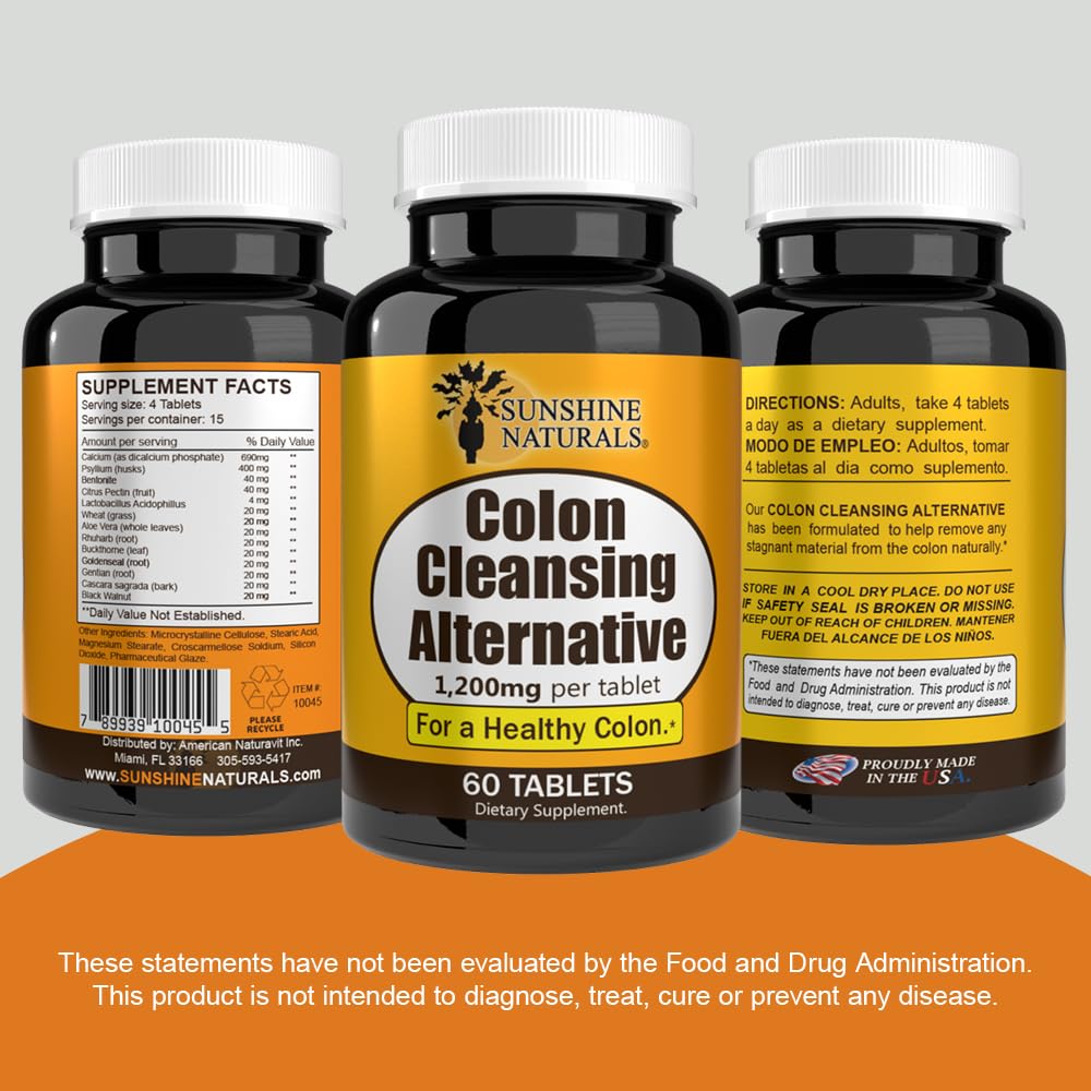 Sunshine Naturals Colon Cleansing Alternative 1200 Mg Gentle Detox & Digestive Support Supplement, 60 Tablets