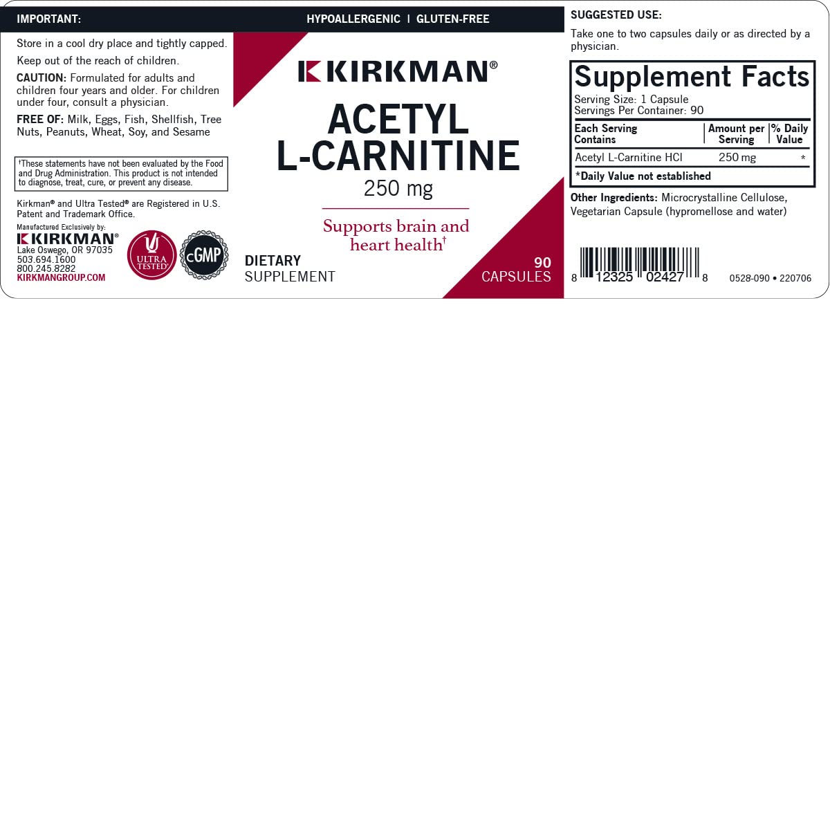 Kirkman Acetyl L-Carnitine 250 mg Capsules, 90 Capsules