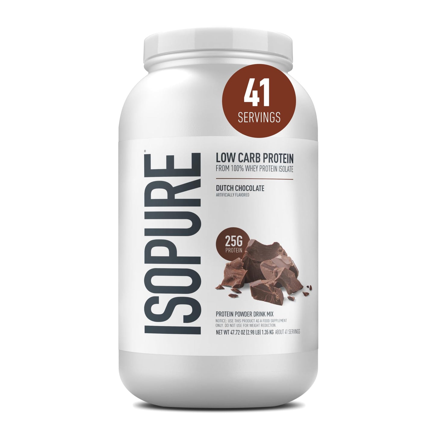 Isopure Low Carb 100% Pure Whey Isolate Protein Powder Dutch Chocolate, Powder, 48
