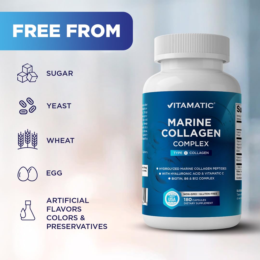 Vitamatic Marine Collagen Complex Type I 2000 mg per Serving with Hyaluronic Acid, Vitamin C, Biotin, B6 & B12 – 180 Capsules