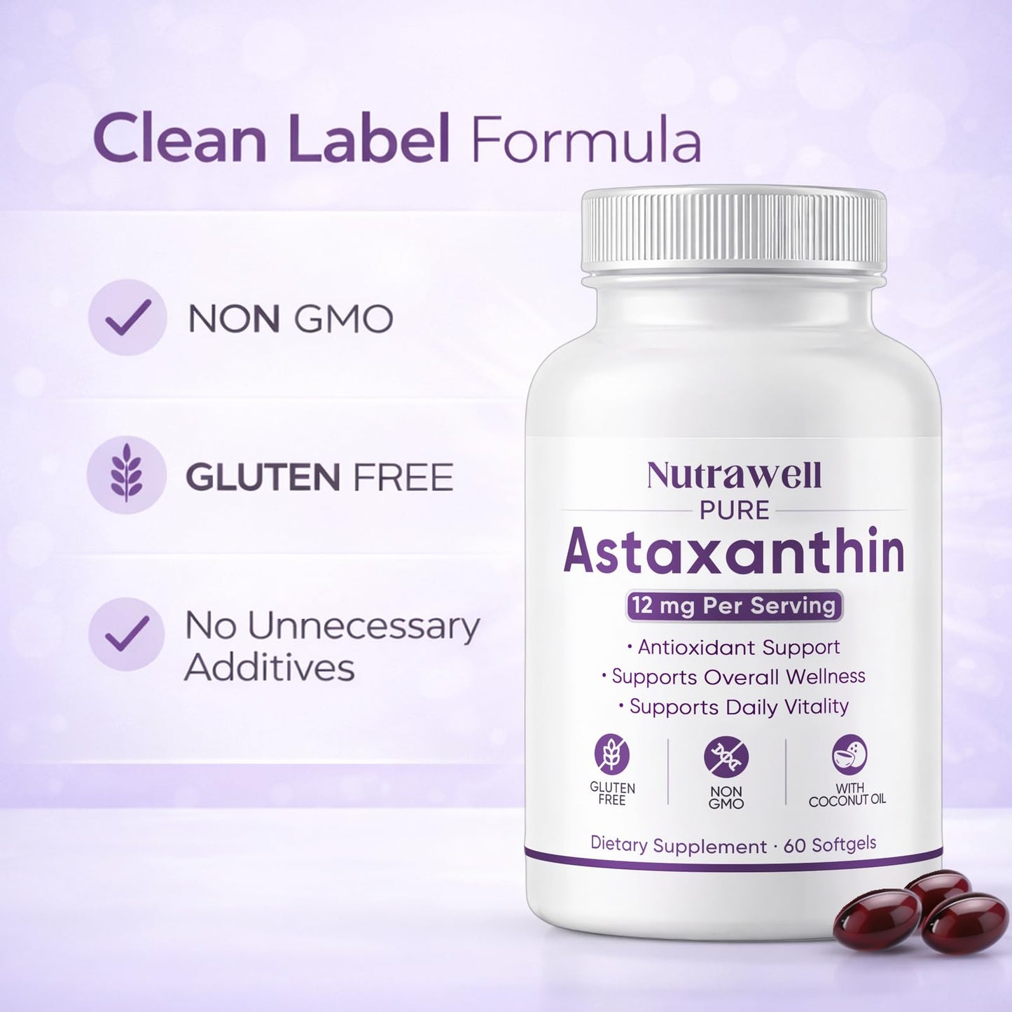 QUZOYU NutraWell Astaxanthin 12mg with Coconut Oil Antioxidant Support Supplement Softgels, 60 Count