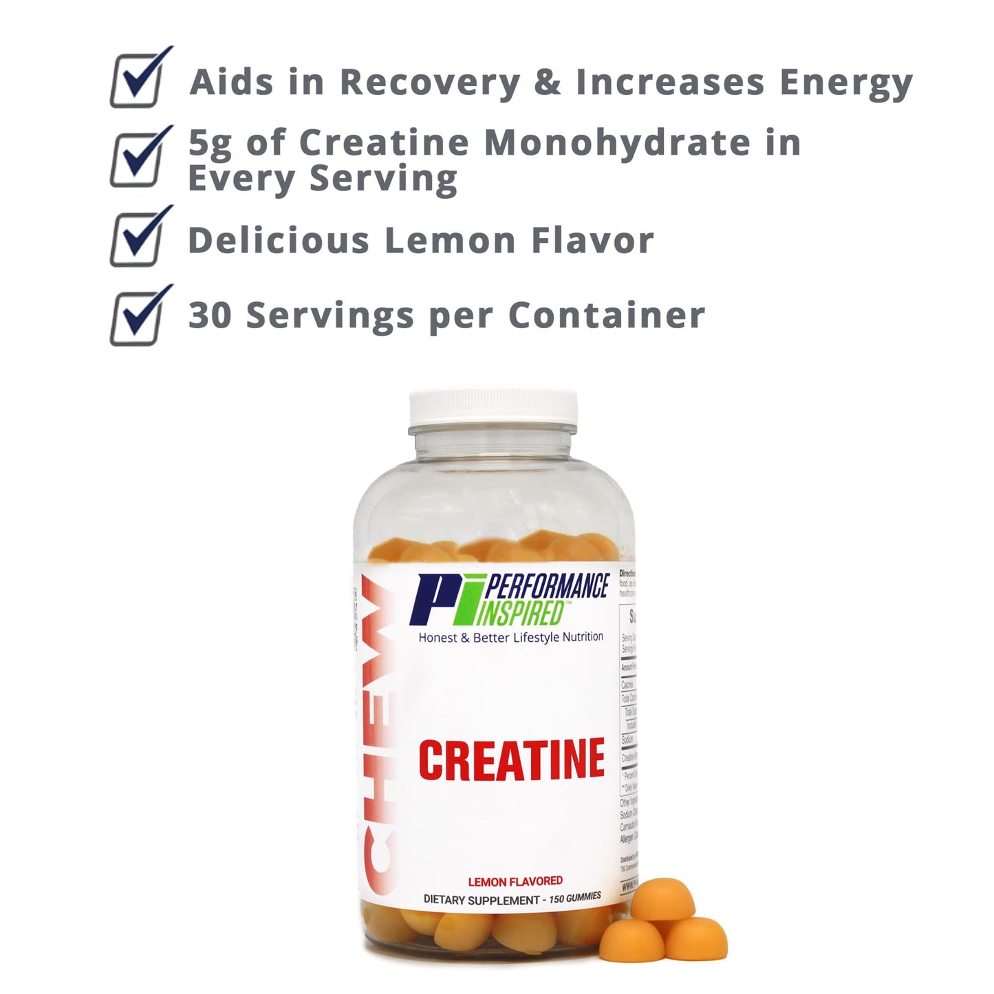 Performance Inspired Creatine Gummies 5g Creatine Monohydrate Muscle Recovery & Strength Support Lemon Flavor, 150 Count
