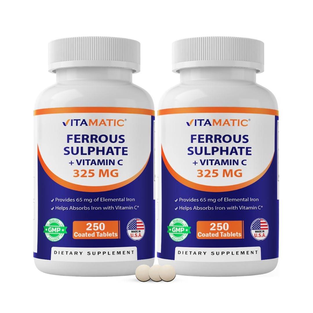 Vitamatic Ferrous Sulfate 325 mg with Vitamin C 100 mg (65 mg Elemental Iron) High Potency Iron Supplement No Artificial Colors 500 Tablets