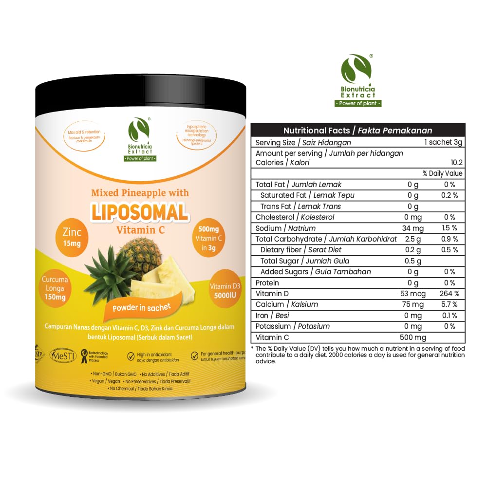 BIONUTRICIA EXTRACT Liposomal Vitamin C Enhanced with Pineapple Extract Powder 3.5 Ounces