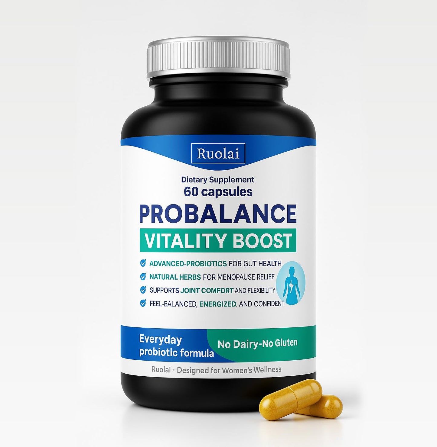 Ruolai ProBalance Probiotics for Women 68B CFU – Menopause, Bloat & Belly Support – Turmeric & Moringa – Digestive & Joint Health Capsules, 60 Count