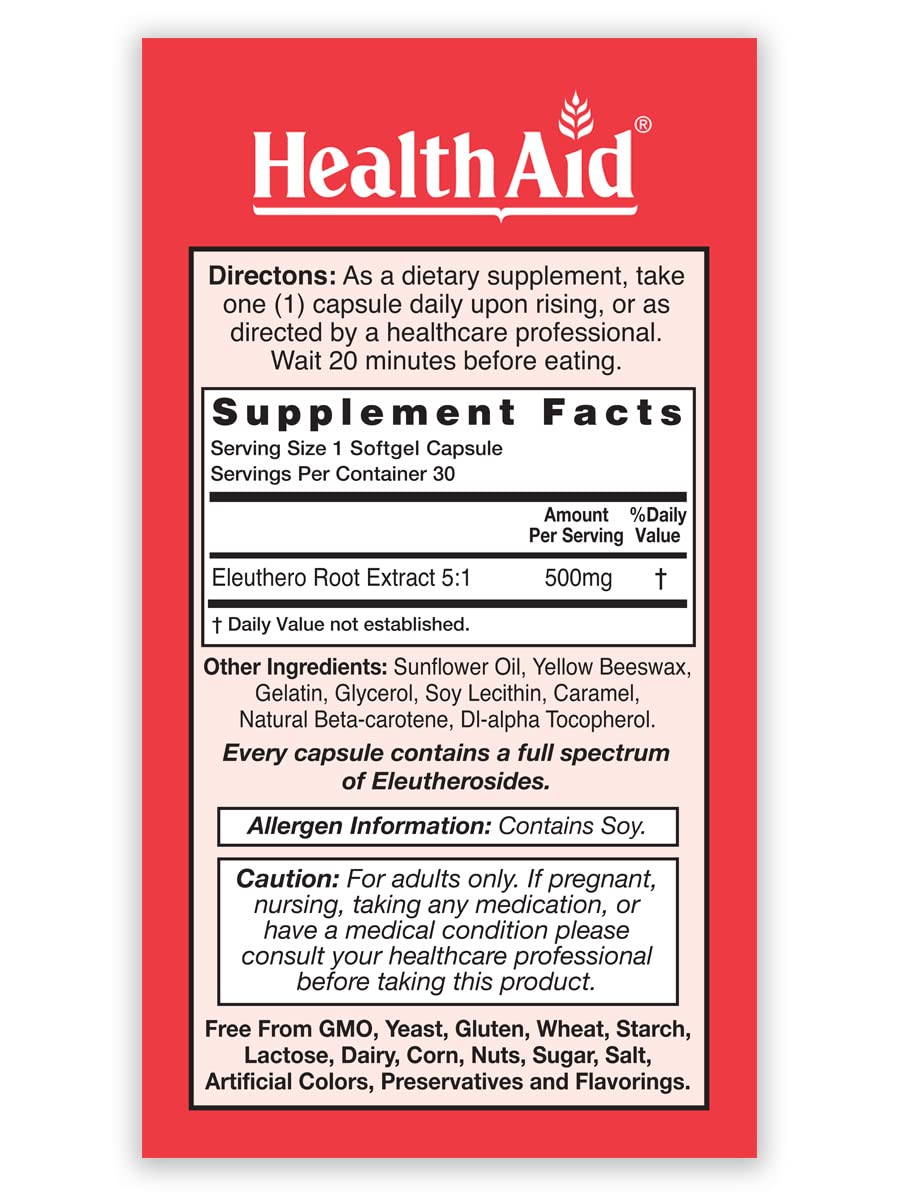 HealthAid Sibergin Siberian Eleuthero (Eleutherococcus senticosus) – Adaptogenic Herbal Support – Helps Support Energy, Stamina & Stress Response – 30 Capsules