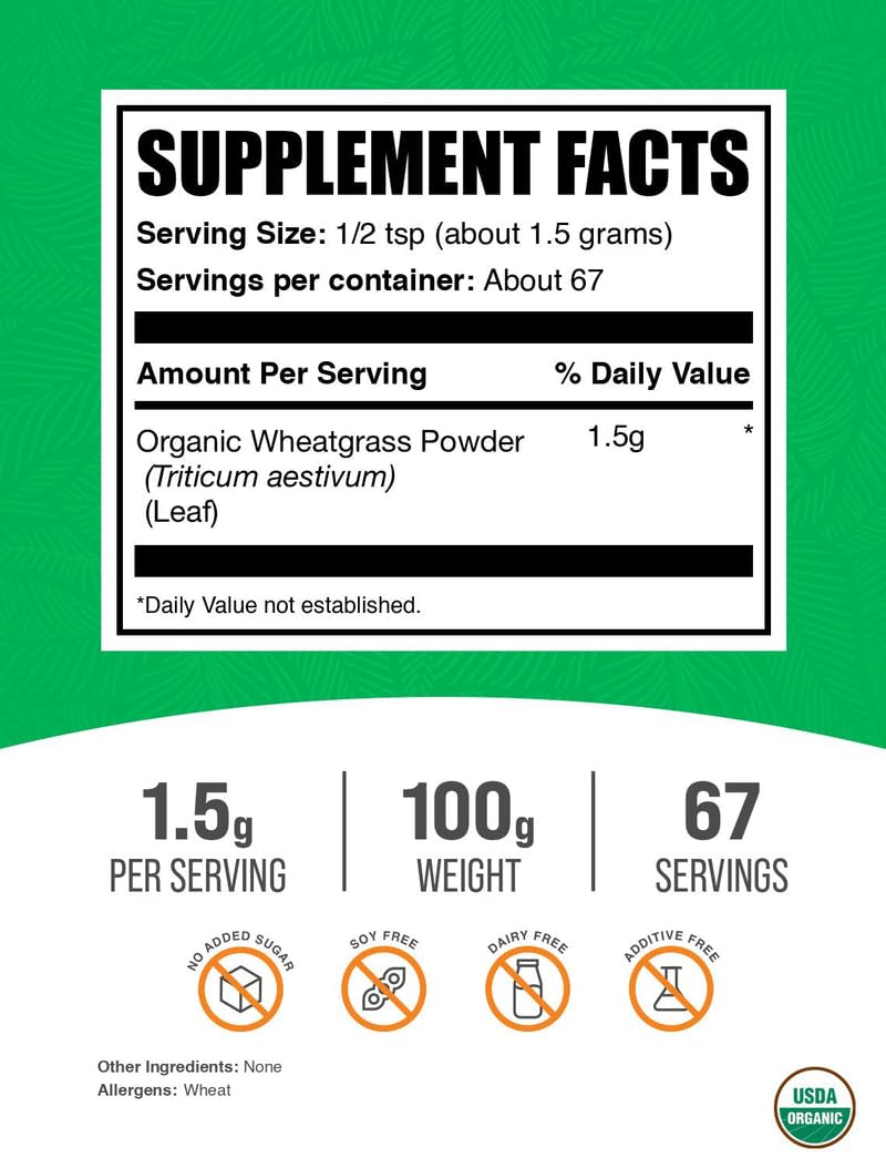 BulkSupplements Organic Wheatgrass Powder Powder 3.5 oz