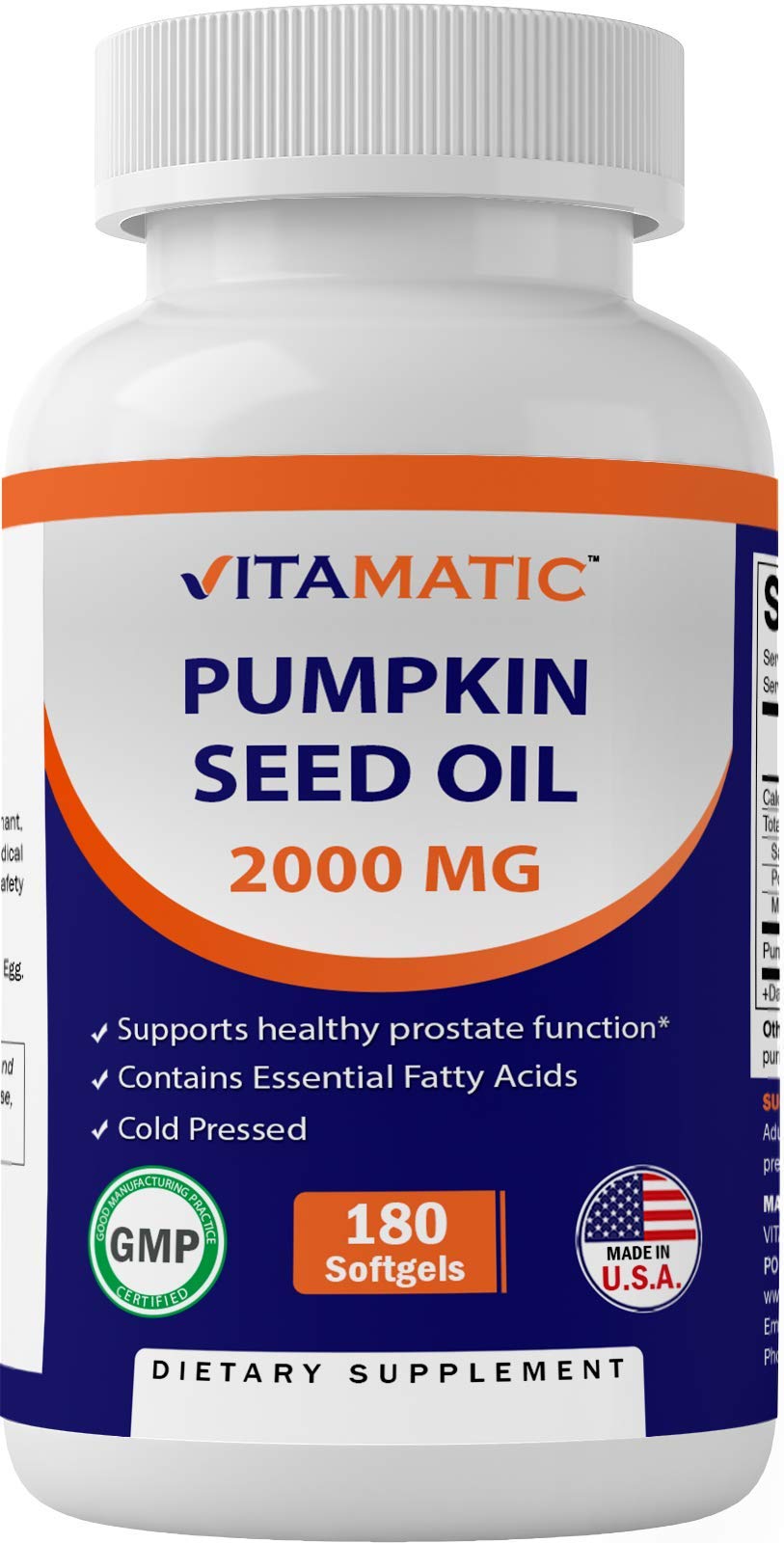 Vitamatic Pumpkin Seed Oil 2000 mg per Serving Softgel, 180 Softgels