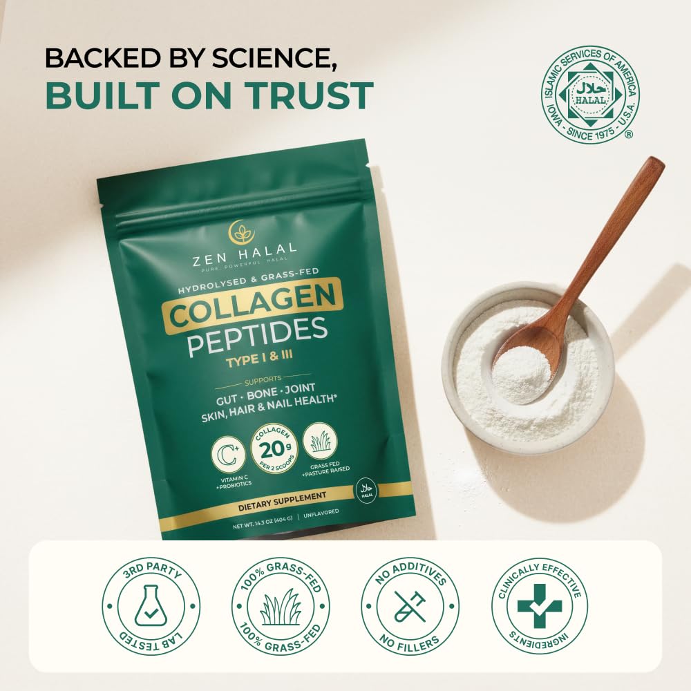 ZEN HALAL Collagen Powder with Vitamin C & Probiotic, Unflavored & Hydrolyzed Bovine Type I & III, Grass-Fed Halal, 14.3 oz