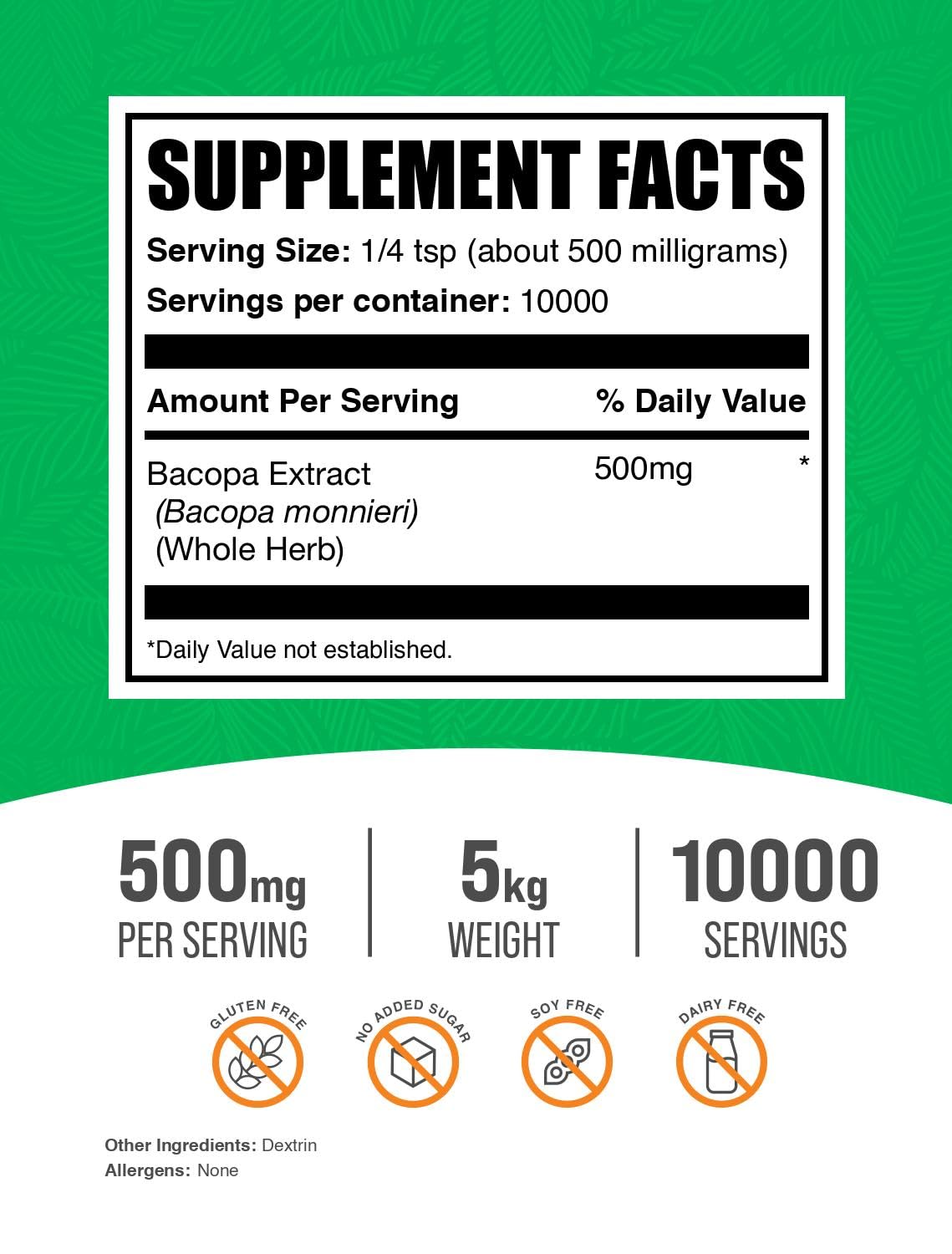 BulkSupplements Bacopa Extract - Bacopa Monnieri Supplement, Herbal Supplement - Vegan & Gluten Free, 500mg per Serving, Powder, 176.19