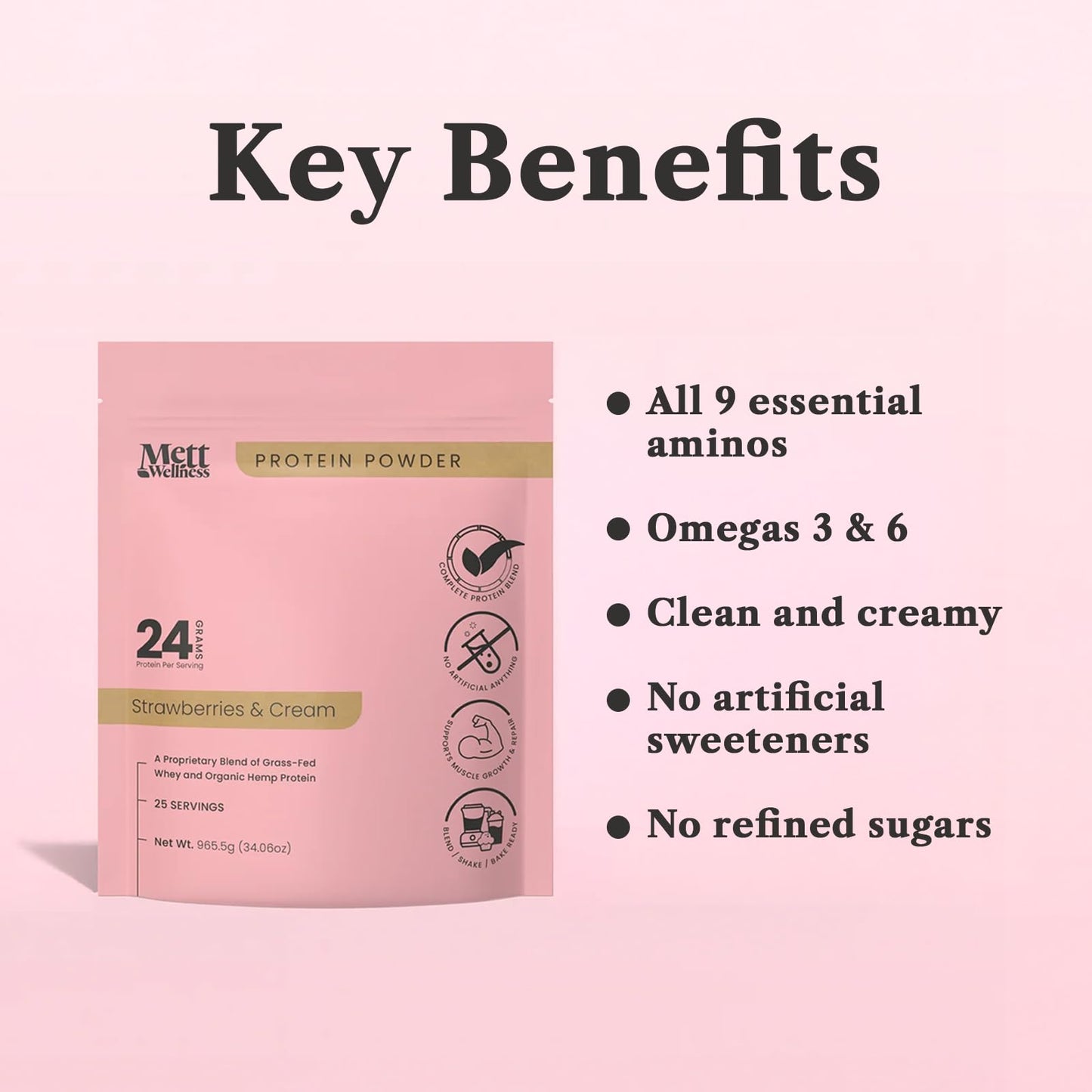 Mett Wellness Strawberries & Cream Grass-Fed Whey + Hemp Heart Protein Powder with Bovine Collagen, 25 Servings, Powder