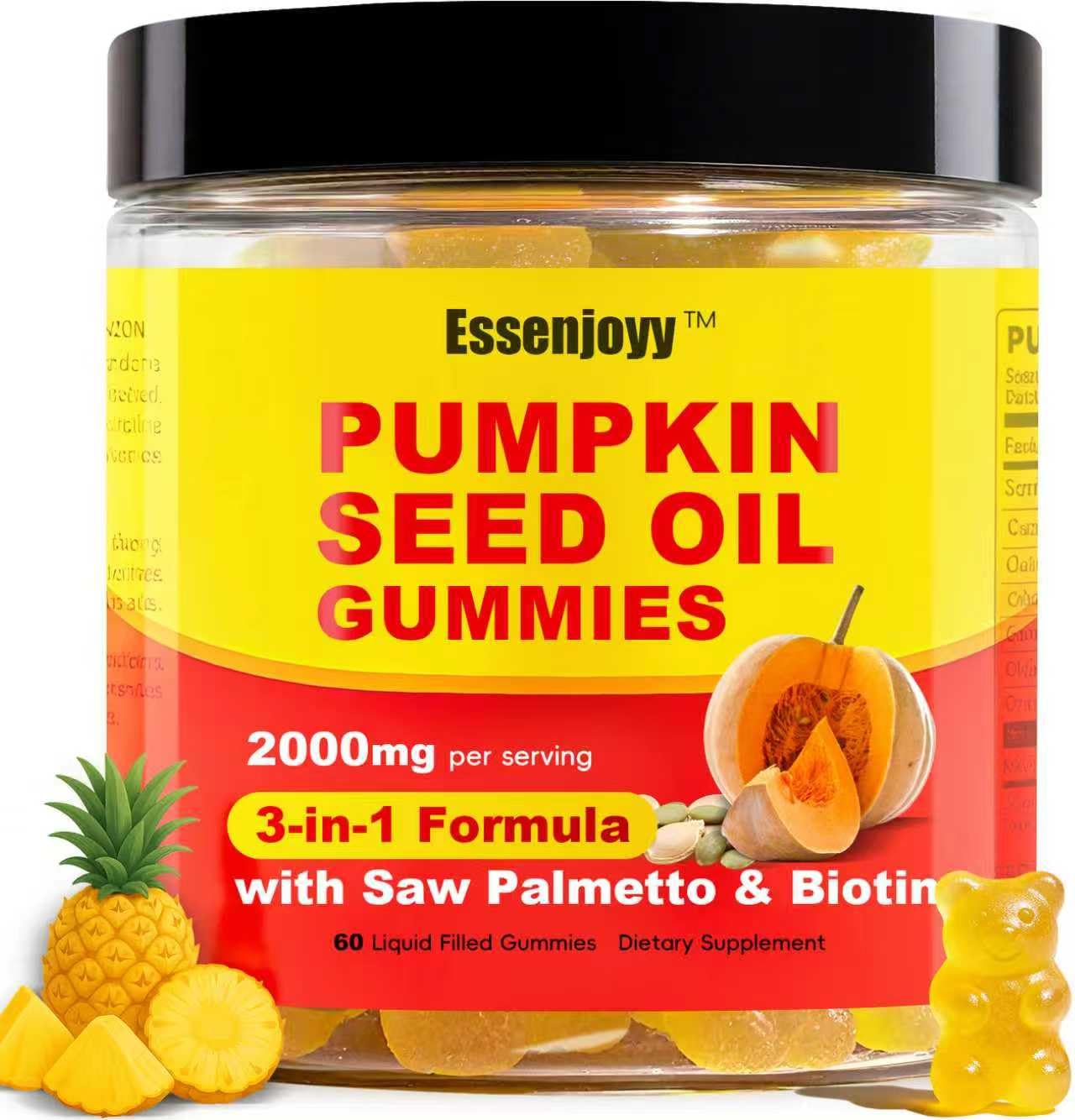 ESSENJOYY Sugar Free Pumpkin Seed Oil Gummies 2000mg with Saw Palmetto & Biotin, 60 Count