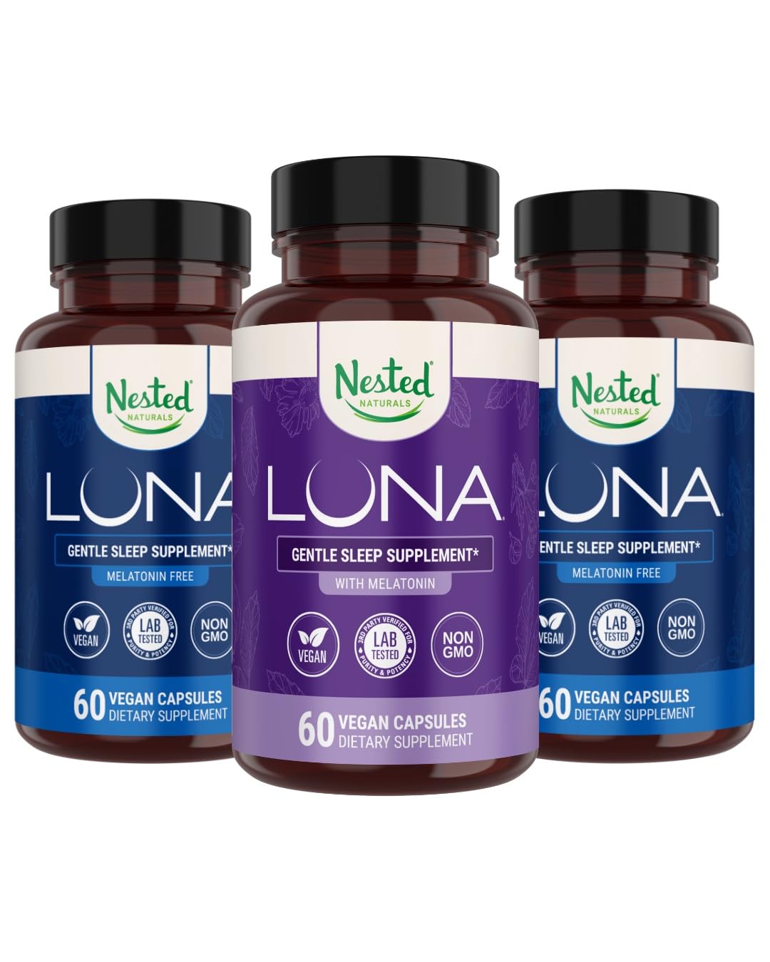 Nested Naturals Luna Melatonin-Free & Luna Natural Sleep Aid with Melatonin, 180 Capsules
