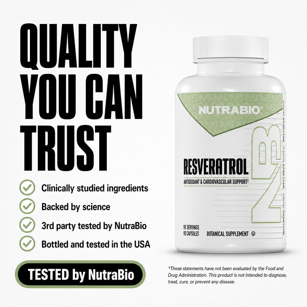 NutraBio 98% Pure Resveratrol Supplement 500mg Capsule, 90 Capsules