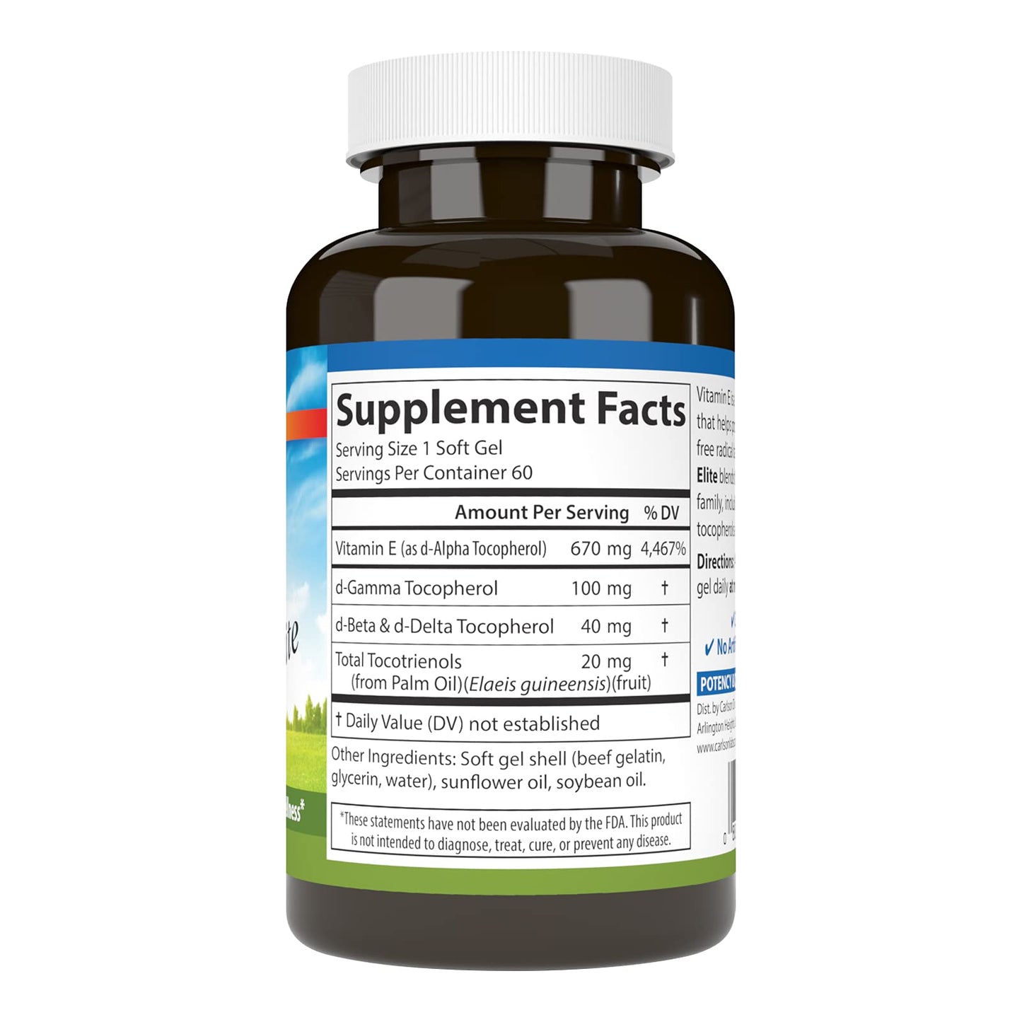Carlson E-Gems Elite Vitamin E with Tocopherols and Tocotrienols 1000 IU (670 mg) Softgels, 60 Count